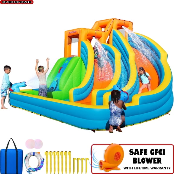 Sportspower Twin Peaks Inflatable Water Slide with Splash Pool and Blower, Kids Backyard Outdoor Play Bounce House Water Park, GFCI Plug, Ages 38