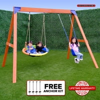 Sportspower Wildwood Wooden Swing Set with 2 Height Adjustable Swings and 40" Saucer Swing