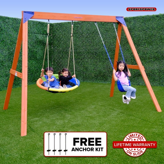 Sportspower Wildwood Wooden Swing Set with 2 Height Adjustable Swings and 40" Saucer Swing, Backyard Outdoor Playset for Kids