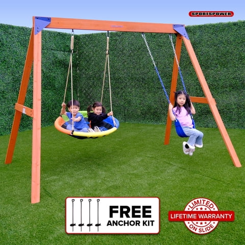 Sportspower Wildwood Wooden Swing Set with 2 Height Adjustable Swings and 40" Saucer Swing, Backyard Outdoor Playset for Kids