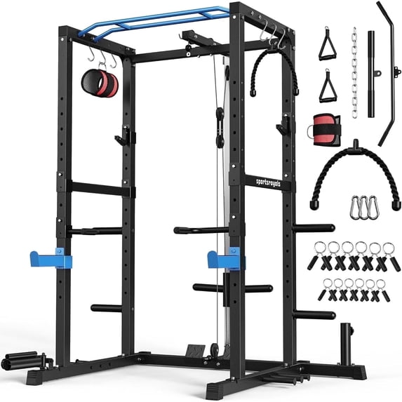 FED Fitness Sportsroyals Series RK2 Power Rack,1200lbs Multi-Function Power Rack with Adjustable Cable Crossover System Weight Cage for Home Gym,Blue