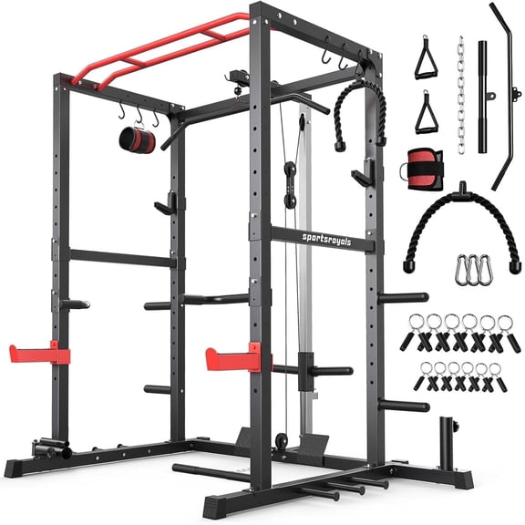 Sportsroyals Power Cage,1200lbs Multi-Function Power Rack with Adjustable Cable Crossover System Weight Cage for Home Gym,Red