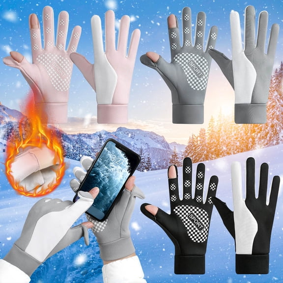 Sporty Fingerless Touchscreen Gloves for Women Men, Winter Windproof Warm Gloves, Palm Anti-Slip Checkered Design, Elastic Wrist Support & Exposed Thumb/Index, Ideal for Outdoor Riding/Sports
