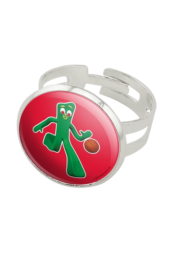 Sporty Gumby Basketball Player Clay Art Silver Plated Adjustable Novelty Ring