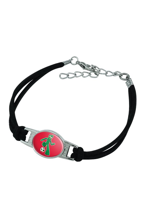 Sporty Gumby Soccer Ball Player Clay Art Novelty Suede Leather Metal Bracelet