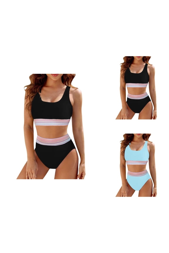 Sporty High Waisted Bikini Sets for Women Color Block Two Piece Swimsuit High Cut Athletic Bathing Suit for Swimming and Training