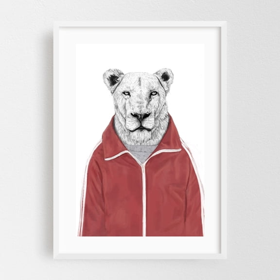 Sporty Lion - Illustration Animal Humor Fashion Wildlife Sketch Pop Art White Framed Wall Art Print 20 x 30 inches
