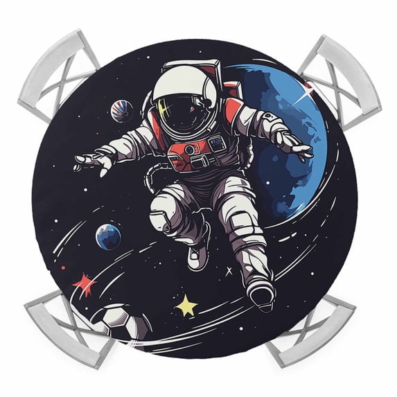 Sporty Style Astronaut Elastic Fitted Round Table Cover Soccer Blue Planet Waterproof Outdoor Tablecloth for Holiday Party, Picnic, Patio & Dining Fits Tables Up to 55"-60"