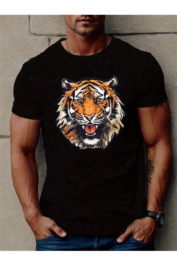 [Sporty T-Shirt]Angry Tiger Print T Shirt, Tees For Men, Casual Short Sleeve T-Shirt For Summer |   Relaxed Fit |   Plus Size
