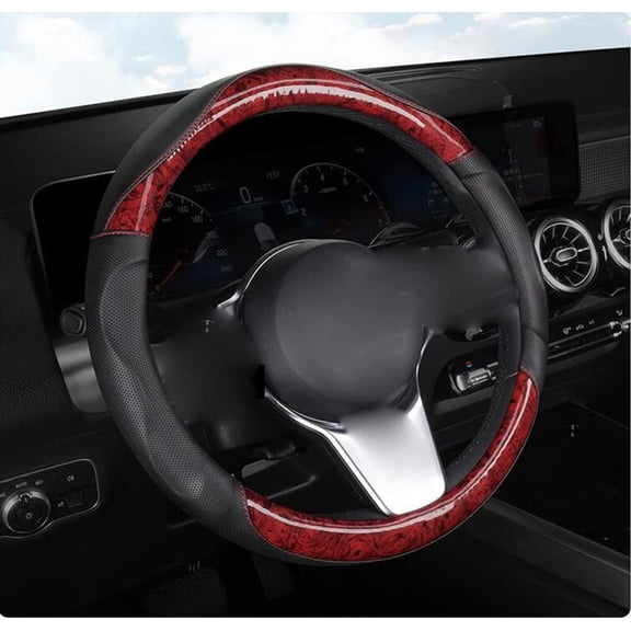 Sporty Woodgrain Steering Wheel Cover Leather Four Seasons Universal 15 Inch Soft Padded Breathable Anti-Slip Massage Grip