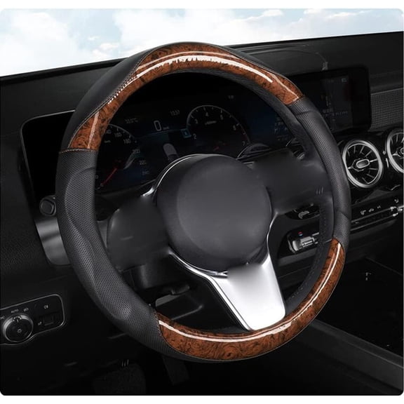 Sporty Woodgrain Steering Wheel Cover Leather Four Seasons Universal 15 Inch Soft Padded Breathable Anti-Slip Massage Grip