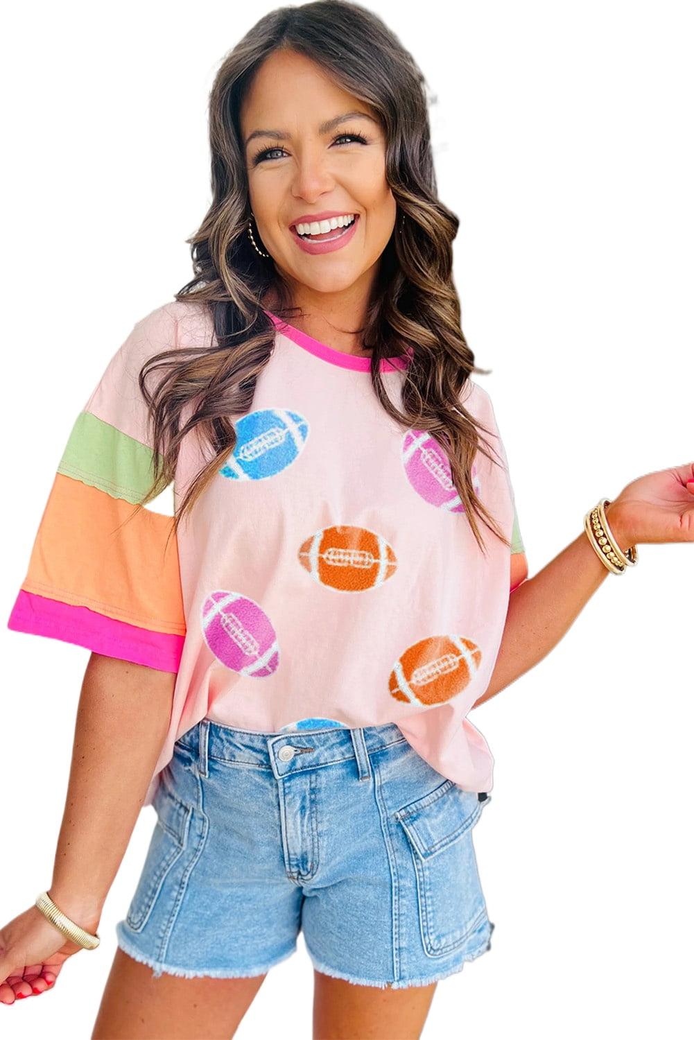 Sporty and Stylish: Pink Rugby Pattern Tee with Chenille Embroidery ...