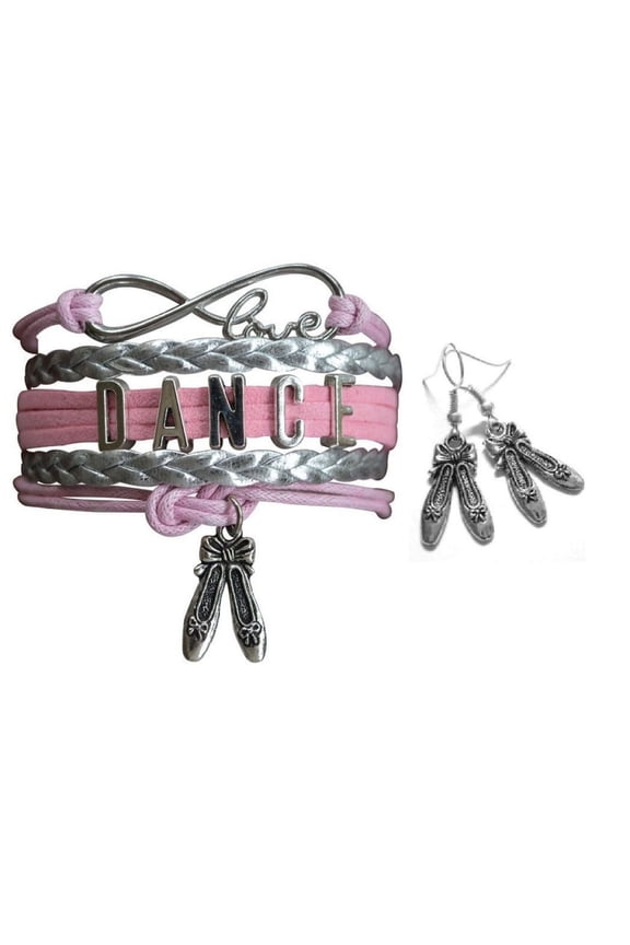Pink Dance Jewelry Set - Dance Bracelet & Dance Dangle Earrings, for Dance Recitals, Dancers, and Dance Teams