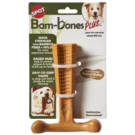 SPOT Bam-Bones Plus T-Bone Dog Chew Toy, 6", For Aggressive Chewers Dogs & Puppies Under 90 lbs, Peanut Butter Flavor, Bamboo Fiber & Nylon, 1 Pack
