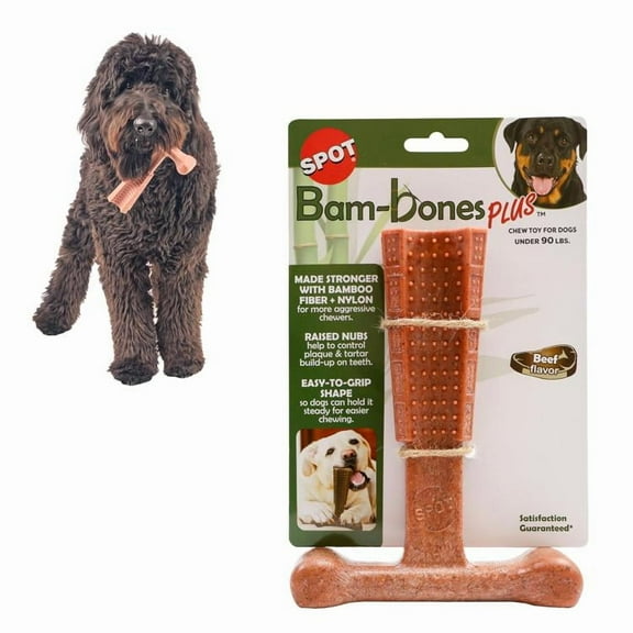 SPOT Bam-Bones Plus T Bone Dog Chew Toy for Moderate to Aggressive Chewers, 7", Beef Flavor, For Adult Dogs & Teething Puppies Under 90lbs, Non-Splintering