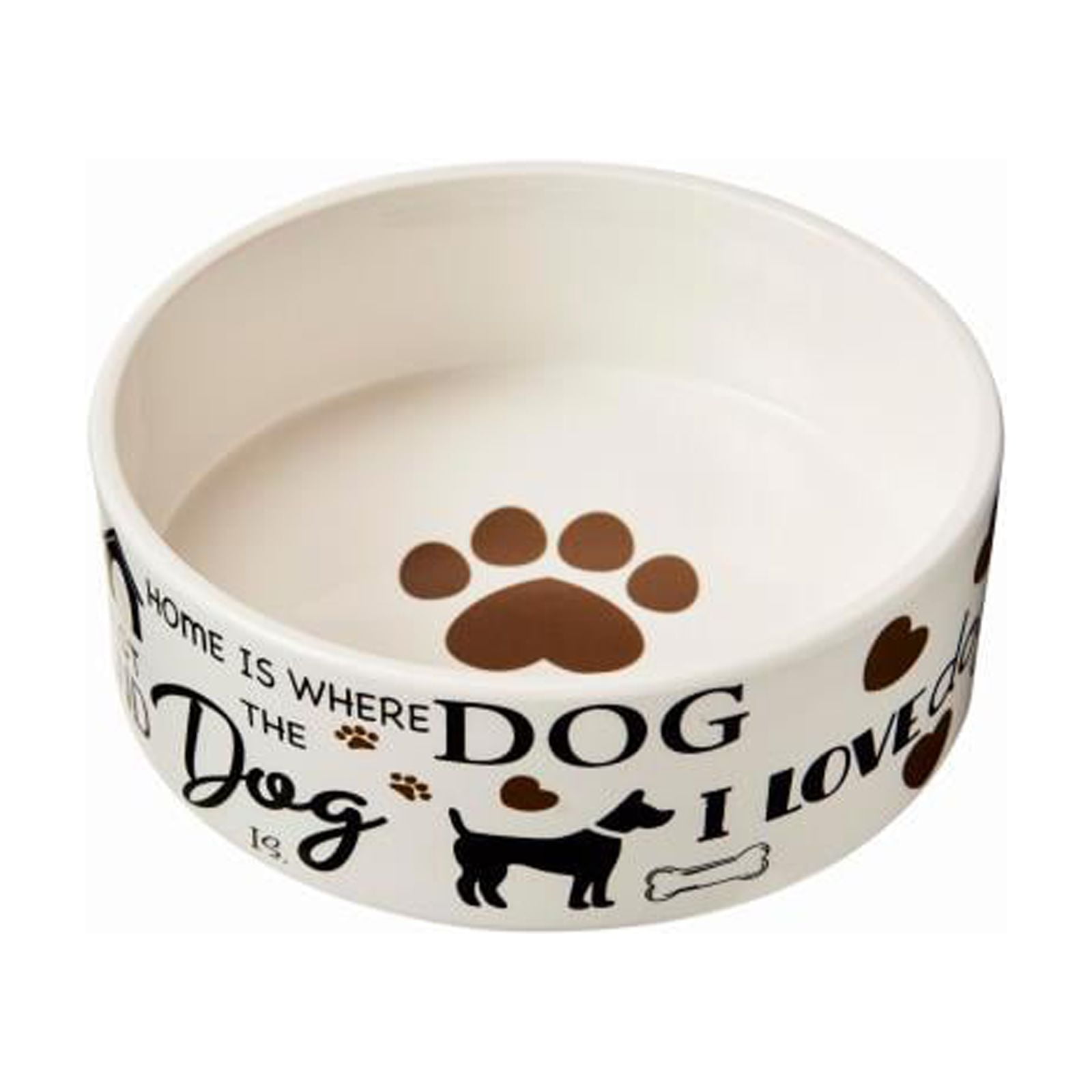 7" White and Brown Ceramic Dog Food and Water Bowl