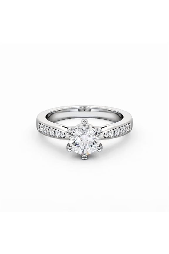 1.3 Ct Round Cut Lab Created Diamond Engagement Ring – Solitaire with Accent – Cathedral Shank Rings – 14K White Gold Plated – Ideal Proposal Jewelry