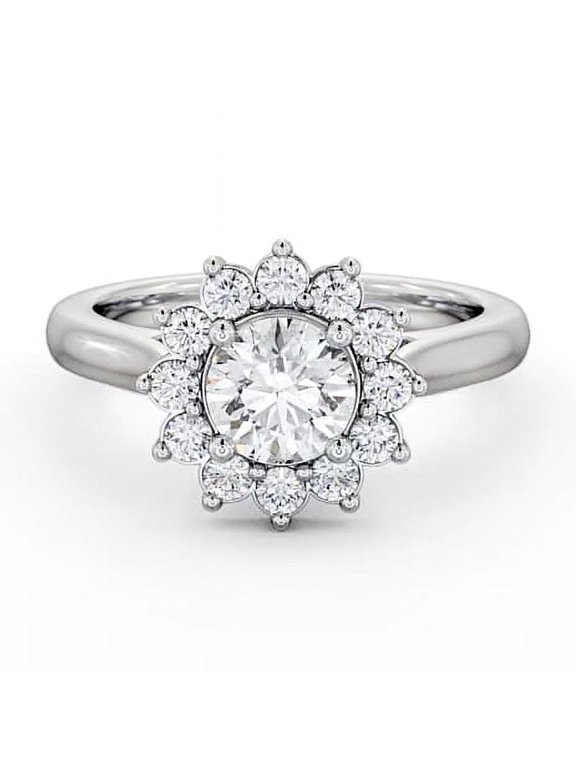 1.3 Ct Round Cut Lab Created Diamond Engagement Ring – Sunburst Halo Design with Bezel Setting – 4 Prong – 14K White Gold Plated – Unique Ring for Women