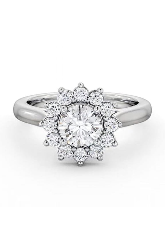1.3 Ct Round Cut Lab Created Diamond Engagement Ring – Sunburst Halo Design with Bezel Setting – 4 Prong – 14K White Gold Plated – Unique Ring for Women