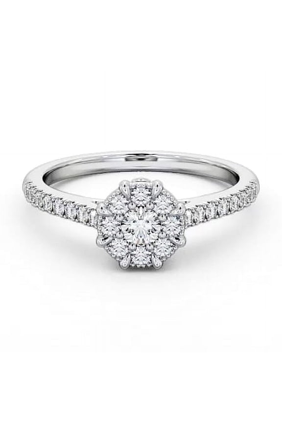 1.4 Ct Round Cut Diamond Engagement Ring – Lab Created Simulated Gem – Cluster Cathedral Shank Style – 14K White Gold Plated Ring – Proposal and Gift Ring for Women