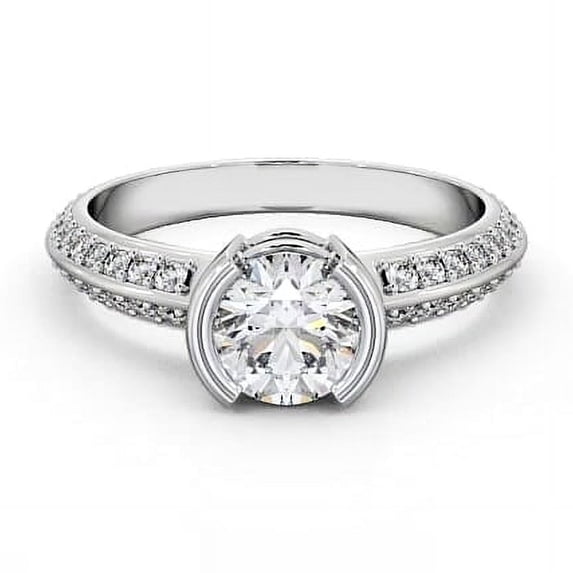 Spot Jewel 1.4 Ct Round Cut Lab Created Diamond Ring – Knife Edge Half Bezel Solitaire with Accent – Elegant 14K White Gold Plated Ring – Proposal Engagement Gift