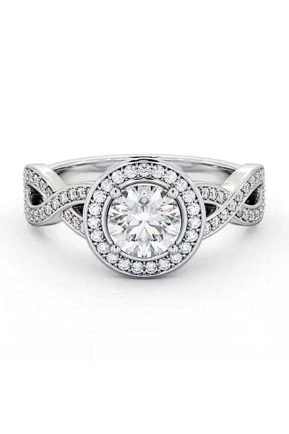 1.4 Ct Round Cut Solitaire Diamond Ring – Halo Engagement Style – Infinity Twisted Shank – 14K White Gold Plated – Lab-Created Diamond Proposal Ring