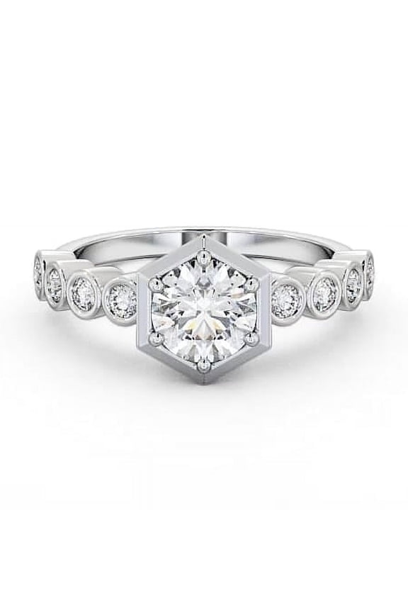 1.6 Ct Round Cut Lab Created Diamond Ring – Bezel Hexagon Solitaire with Accent – 14K White Gold Plated – 6 Prong Engagement Ring – Sparkling Jewelry Style