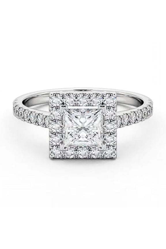 1.7 Ct Princess Cut Lab Created Diamond Engagement Ring – Halo Solitaire with Accents – 4 Prong Setting – 14K White Gold Plated Ring – Ideal Bridal Jewelry for Bridesmaids