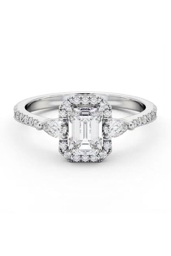 1.9 Ct Emerald Cut Diamond Ring – Trilogy Design with 4 Prong Set – Lab Created Stone – 14K White Gold Plated Band – Wedding or Proposal Gift for Her