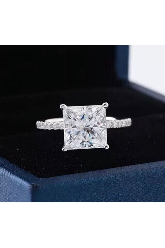 14K White Gold Plated Birthday Gift Ring - Princess Cut 2.2 Ct VVS1/D Diamond Solitaire Ring - New Year Gifts for Her - Solitaire with Accents Ring for Women - Diamond Jewelry