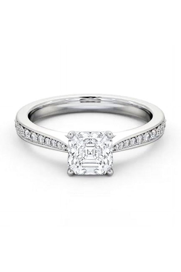 14K White Gold Plated Engagement Ring for Women's – 2 Ct Asscher Cut Lab Created Diamond – Beautiful Tapered Shank – Proposal Ring – Gift for Her
