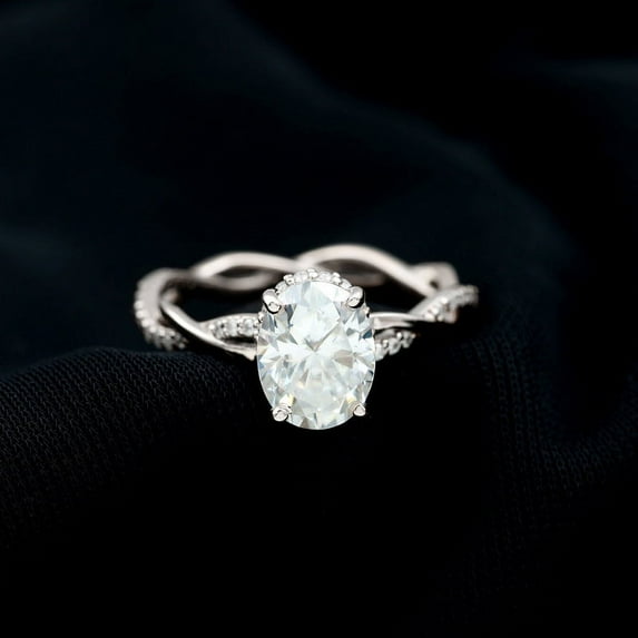 Spot Jewel 14K White Gold Plated Solitaire Ring - Oval Cut 2 Ct Excellent White Diamond Ring - Solitaire with Accents Twisted Fancy Rings - Diamond Ring for Birthday Gift - Anniversary Gifts