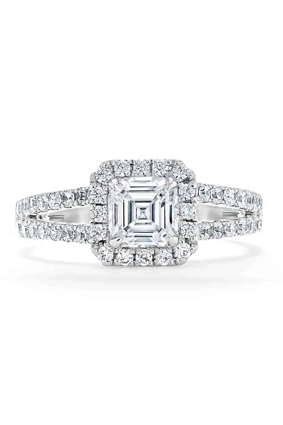 14K White Gold Plated Ring - 1.8 Ct Asscher Cut Diamond Ring for Her - EngageHimt Wedding Ring for WoHim - Halo Anniversary Ring On Clearance - Party Wear Ring - Birthday Gift