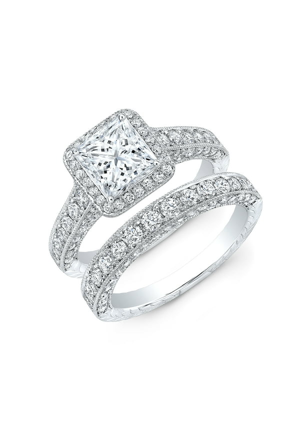 14K White Gold Over Ring for Her - 2.2 Ct Princess Cut Diamond Ring - Halo Silver Ring for Her - Gorgeous Anniversary Gift for Her - Bridal Set Engagement Wedding Ring for Women's