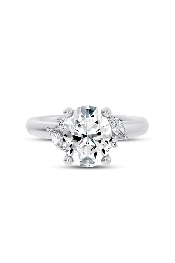2.1 Ct Lab Created Diamond Ring for Women - Marquise and Round Diamond Accents with Oval Cut Center Stone - 14K White Gold Plated Bridal Engagement Jewelry