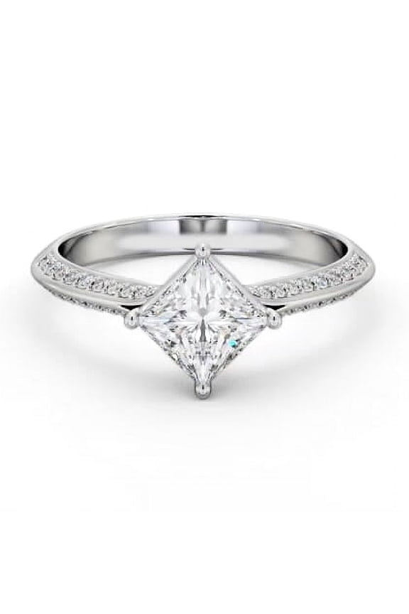 2.1 Ct Princess Cut Lab Created Diamond Ring – Knife Edge Shank Solitaire with Accent – 4 Prong 14K White Gold Plated – Proposal Ring for Sister’s Wedding