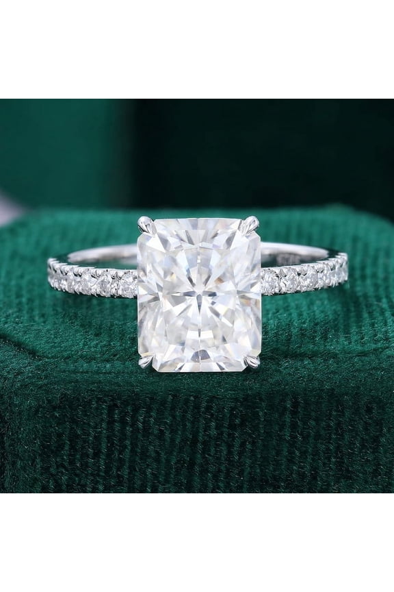 2.2 Ct Radiant Cut Lab Created Diamond Ring for Women - Silver 14K White Gold Plated Ring - Engagement Hidden Halo Ring for Women - Radiant Solitaire with Round Accent Ring for Her