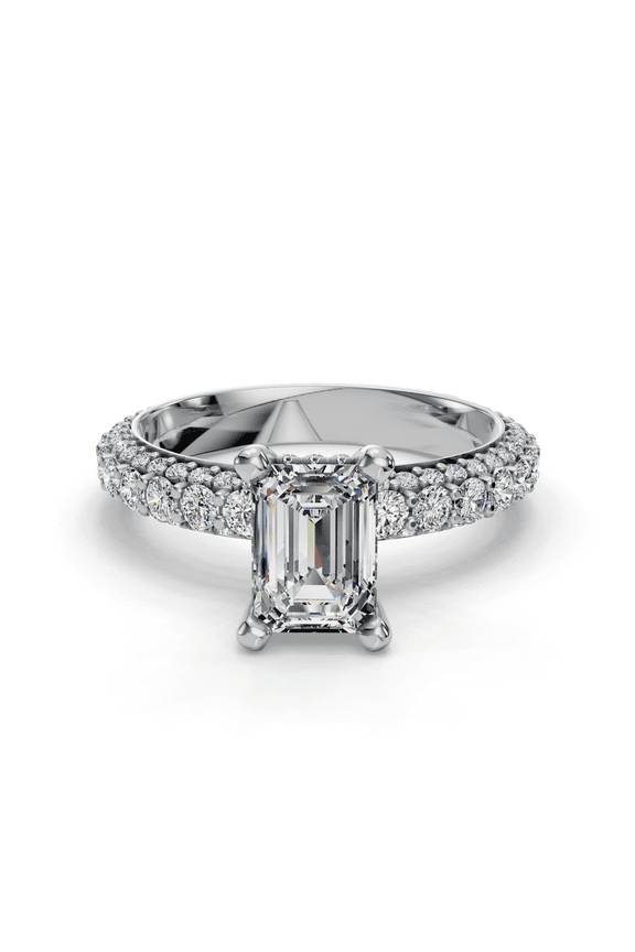 2.3 Ct Emerald Cut Lab Created Diamond Solitaire Ring with Rolled Pave Design - 14K White Gold Plated Engagement Ring - Wedding Jewelry for Her