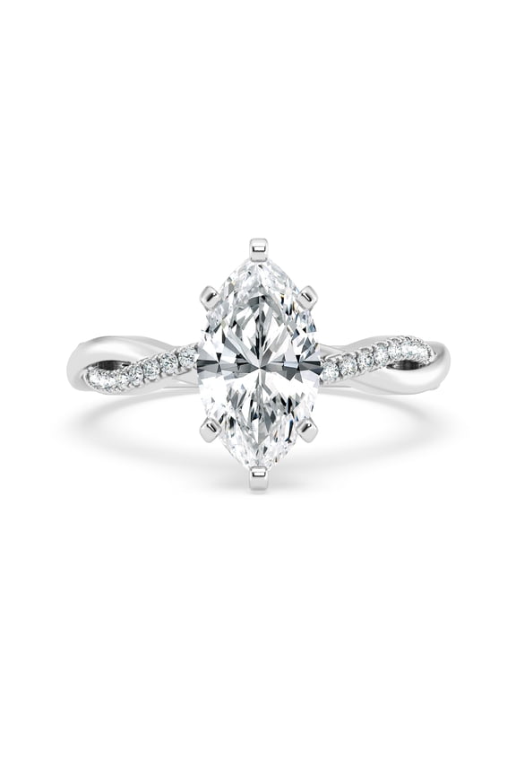 2.3 Ct Marquise Cut Lab Created Diamond Ring - Twisted Shank Solitaire Design - 14K White Gold Plated Engagement Jewelry for Women - Elegant Wedding Ring