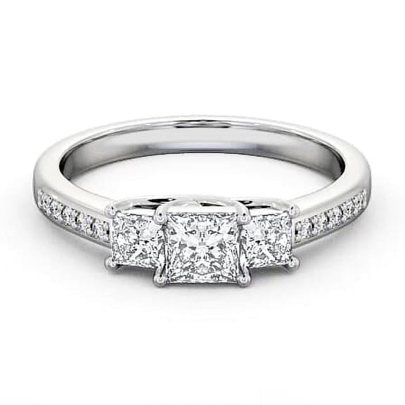 Spot Jewel 2.7 Ct Excellent Princess Cut Solitaire with Accent Diamond Ring – 14K White Gold Plated Full Eternity Diamond Ring – 3-Stone Trilogy Style – Proposal Jewelry for Her