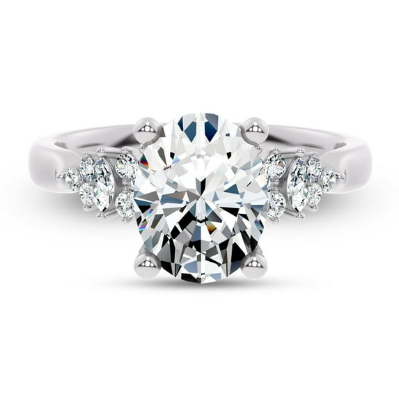 Spot Jewel 2 Ct Lab Created Oval Cut Diamond Ring for Women - Elegant Marquise and Round Diamond Accent Design in 14K White Gold Plated Metal - Engagement Jewelry for Bridal Moments