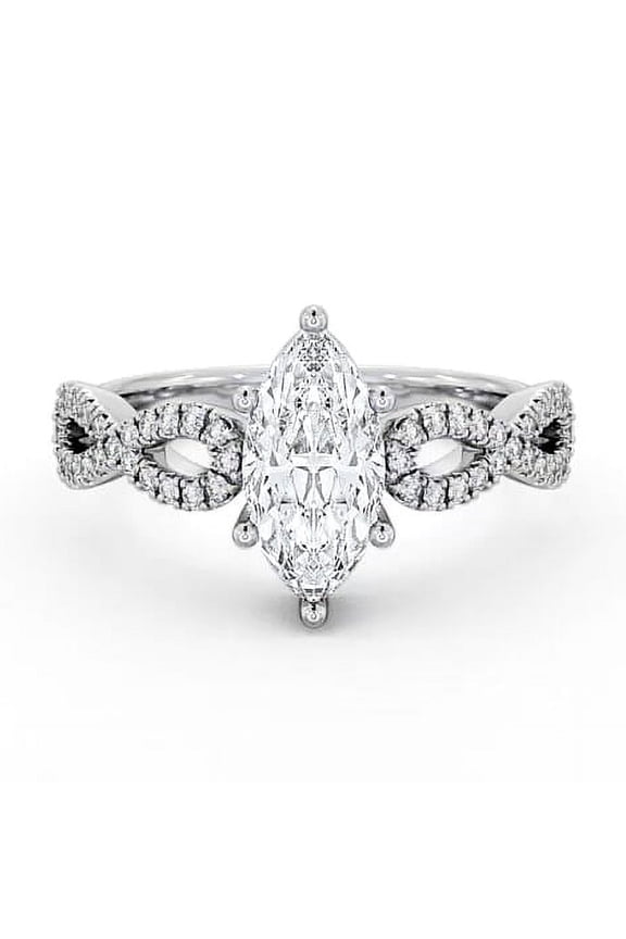 2 Ct Marquise Cut Lab Created Diamond Ring – Criss Cross Infinity Design Solitaire with Accent – 14K White Gold Plated – 6 Prong Setting Engagement Ring for Women