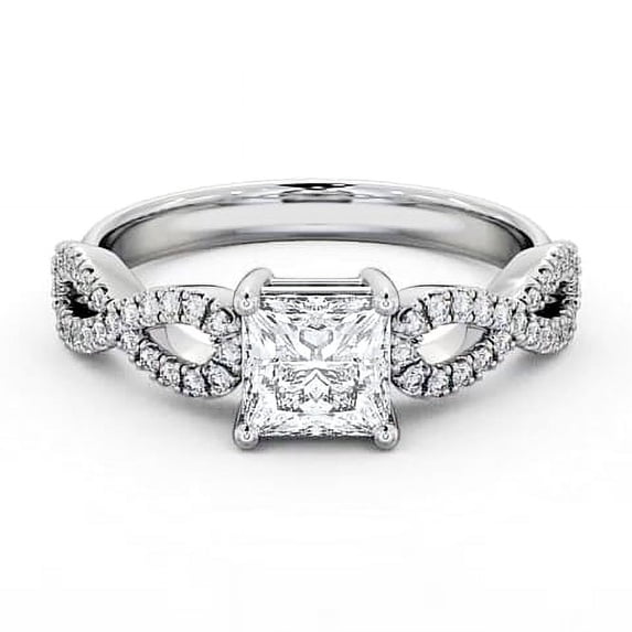 Spot Jewel 2 Ct Princess Cut Lab Created Diamond Ring – Solitaire with Accent Infinity Crossover Design – 14K White Gold Plated Ring – Classic Engagement Jewelry for Women