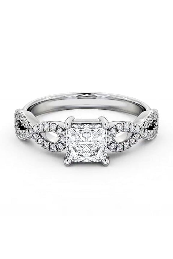 2 Ct Princess Cut Lab Created Diamond Ring – Solitaire with Accent Infinity Crossover Design – 14K White Gold Plated Ring – Classic Engagement Jewelry for Women