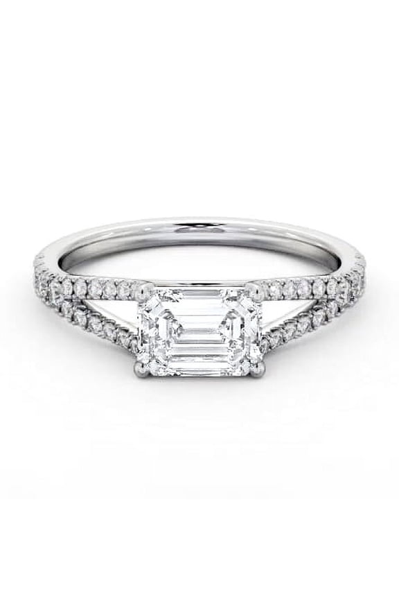 East West Diamond Wedding Ring for Women's – 2 Ct Emerald Cut Lab Created Diamond Ring – 14K White Gold Plated – Proposal Ring for Her – Unique Engagement Jewelry