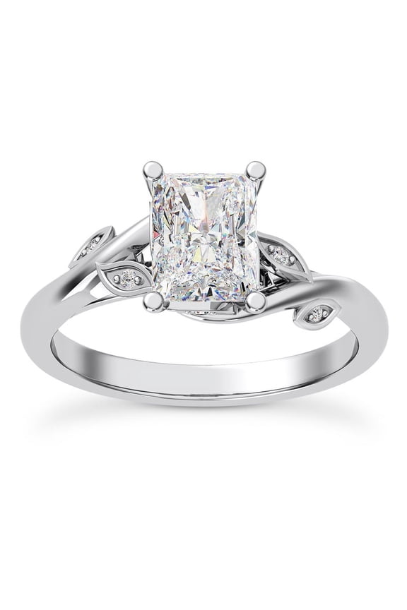Pave Set Vine Engagement Ring - 2.3 Ct Radiant Cut Lab Created Diamond Solitaire Design in 14K White Gold Plated - Wedding Jewelry for Diamond Lovers - Classic Solitaire Ring