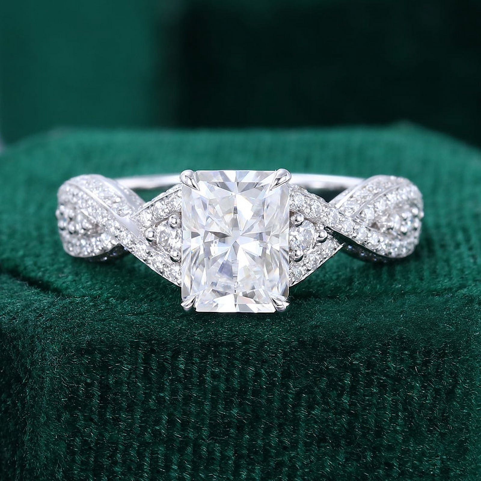 Spot Jewel Radiant Cut Excellent 1.9 Ct Diamond Ring for Women - Silver 14K White Gold Plated Ring - 3 Stone Diamond Rings for Women - Twisted Cross Over Shank Engagement Rings - Elegant Jewelry