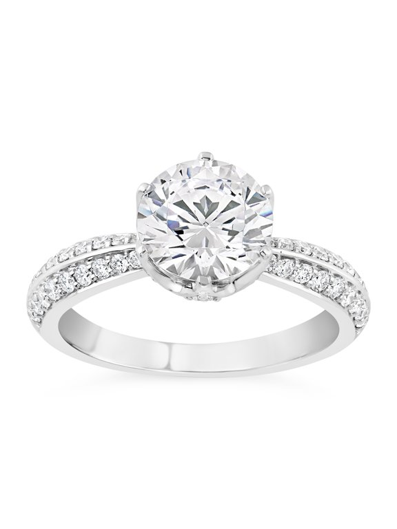 Silver 14K White Gold Over Ring - 2.1 Ct Round Brilliant Cut Diamond Ring - Solitaire with Accent Diamond Rings for Women's - Split Shank Engagement Wedding Rings for Her - Proposal Rings