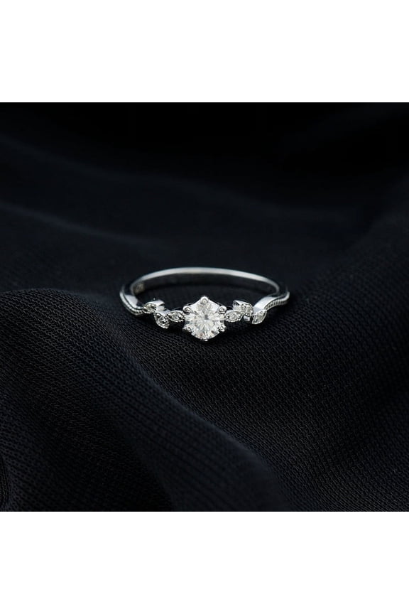 Stamped 14K Silver Stackable Engagement Ring - 1.5 Ct Lab Created Diamond Round Cut Engagement Ring - Milgrain Dainty Women's Wedding Ring - Solitaire with Accents Ring