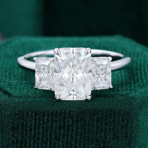 Spot Jewel White Gold Plated 14K Diamond Ring - Radiant Cut Excellent 2.1 Ct Diamond Ring for Women - 3 Stone with Hidden Halo Diamond Rings for Women - Engagement Hidden Halo Ring - Elegant Jewelry
